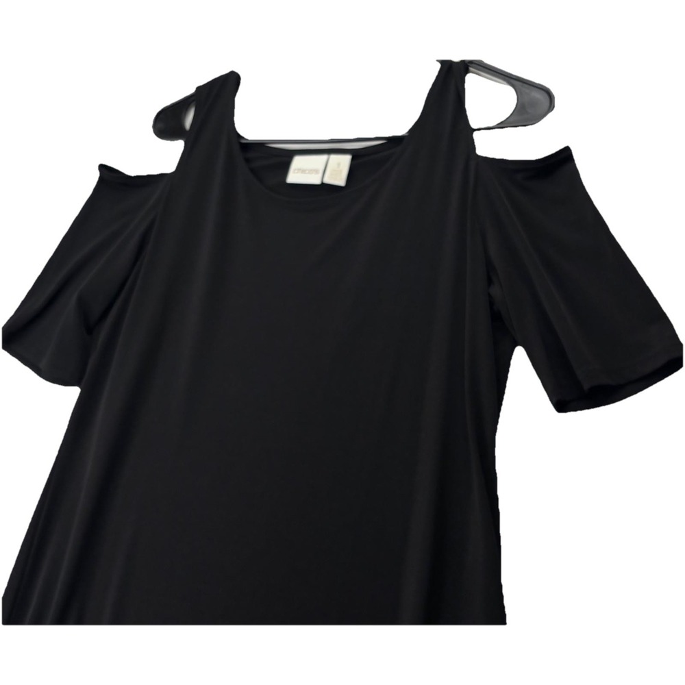 Chicos Size 1 Black Cold Shoulder Dress Womens Stretch Short Sleeve Maxi - Picture 2 of 12